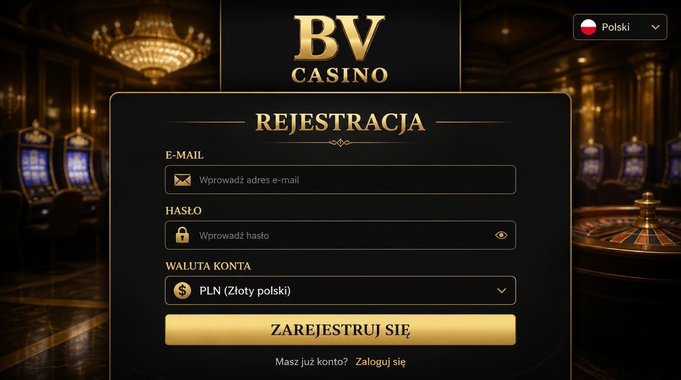 Interfejs rejestracji BV Casino po polsku, z wyborami waluty i podstawowymi danymi