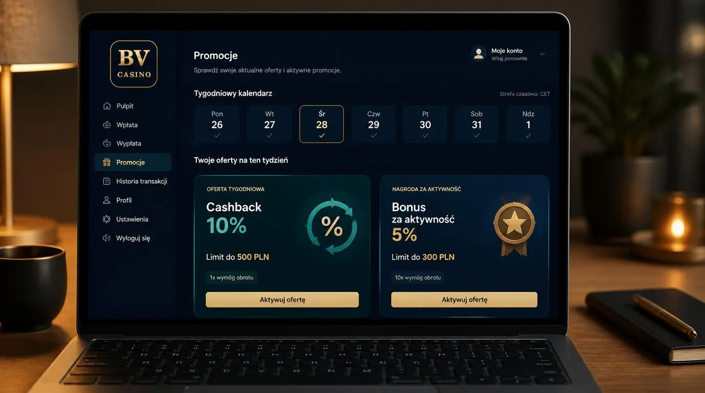 Panel promocji kasyna z tygodniowym cashbackiem i nagrodą za aktywność