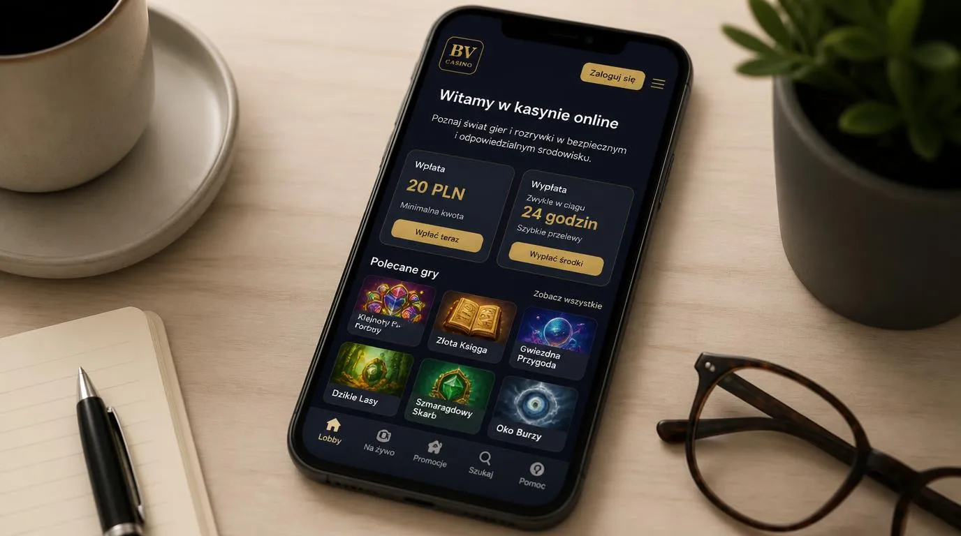 Telefon z panelem kasyna pokazującym depozyt 20 PLN, orientacyjny czas wypłaty i wybór gier