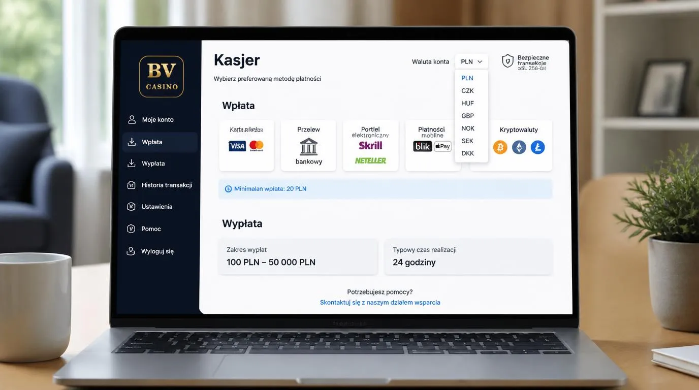 Ekran kasy kasyna z saldem w PLN, wyborem karty i przelewu oraz informacją o limitach wypłat
